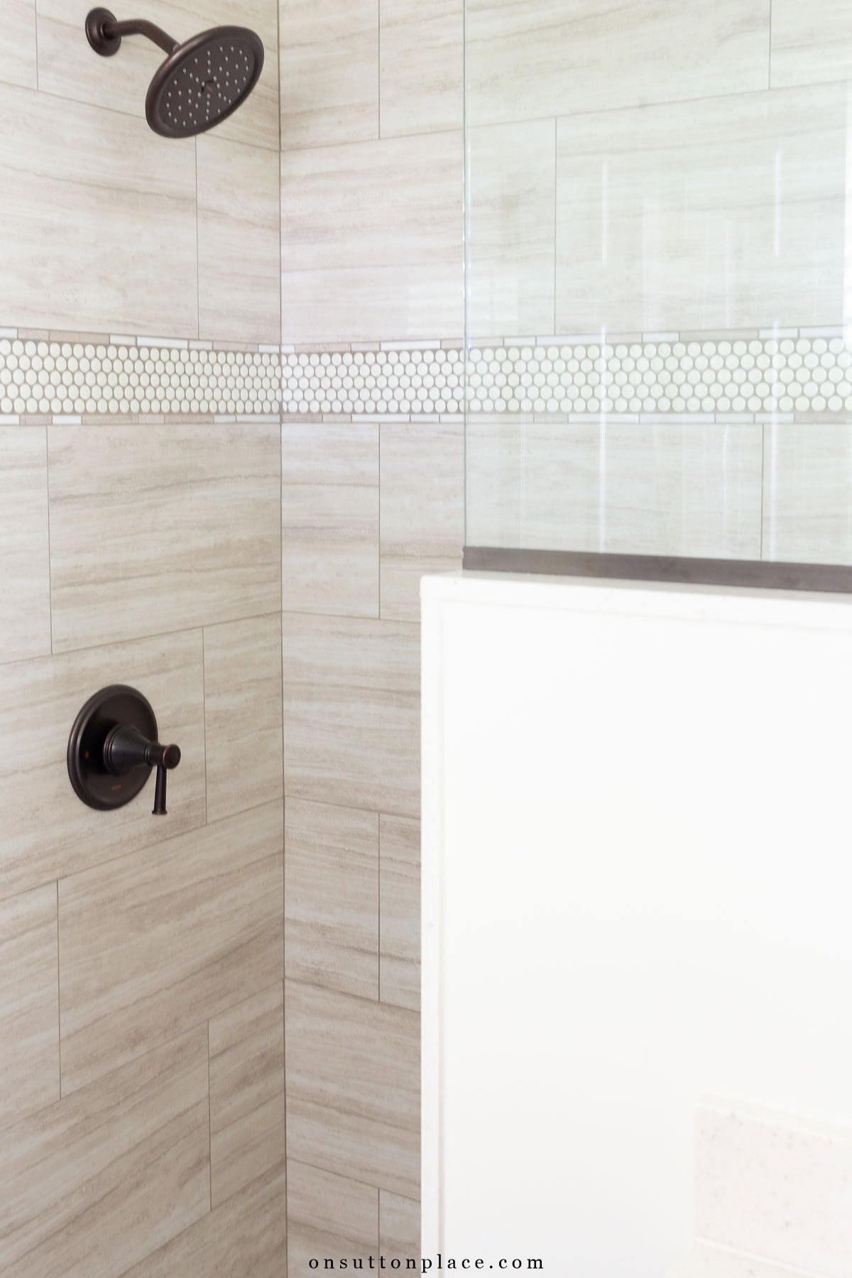 small primary bathroom remodel pony wall shower details