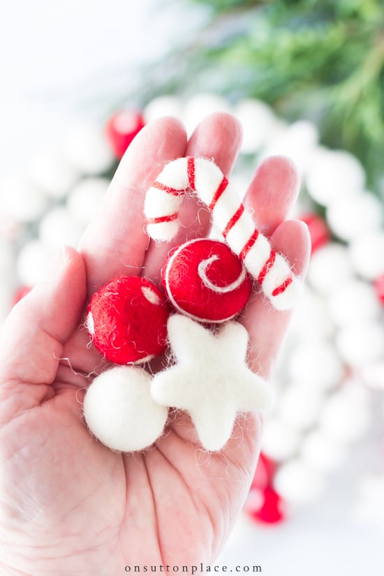 wool felt balls, star and candycane