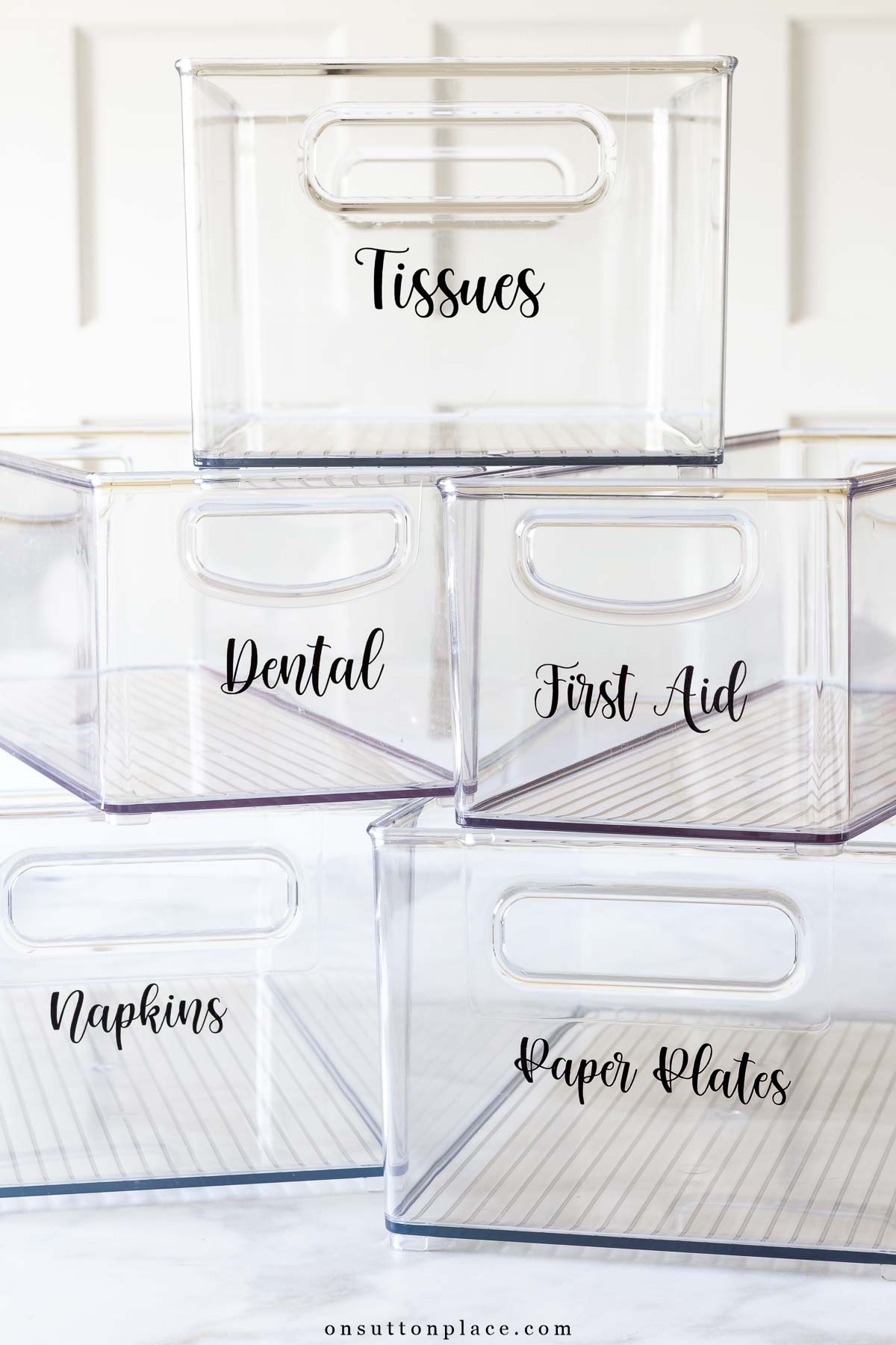 mdesign bins for small closet makeover in hallway