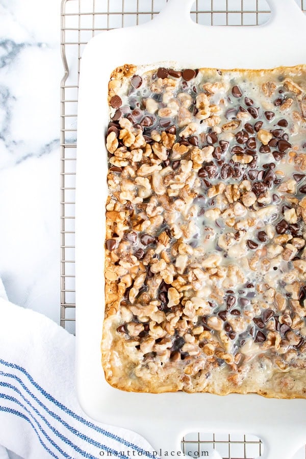 baked cake mix cookie bars in pan