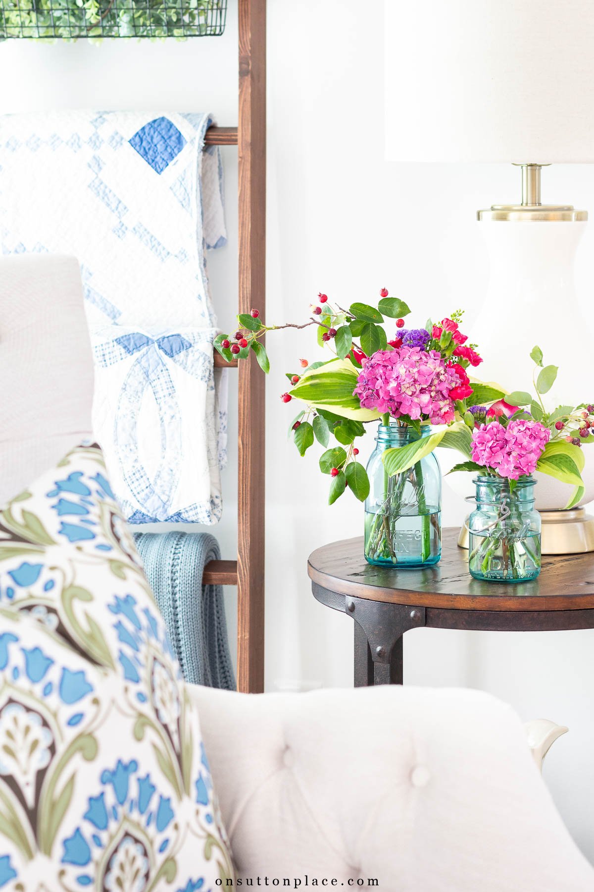 summer flowers in mason jars in living room