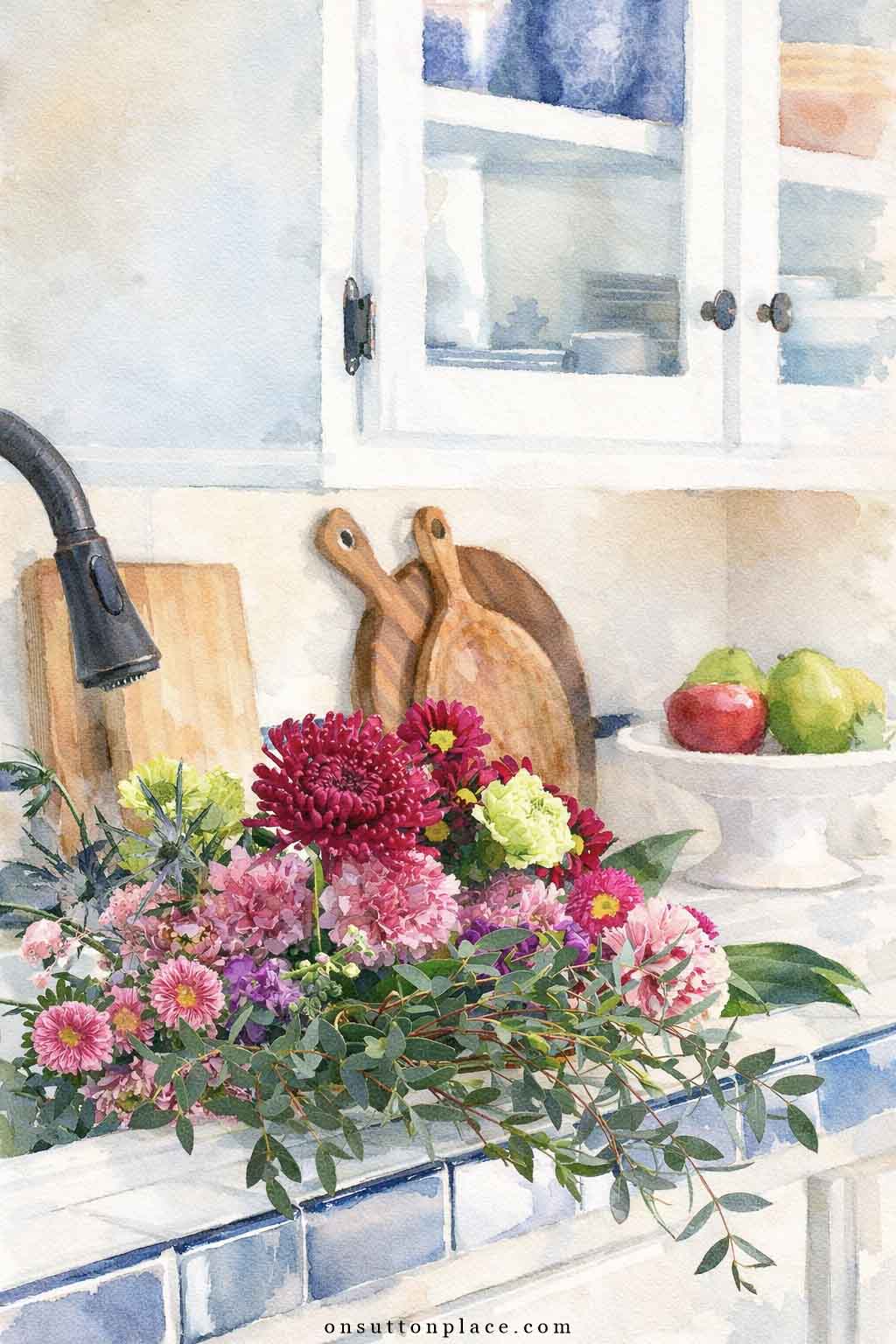 watercolor kitchen with tile countertops flowers in sink