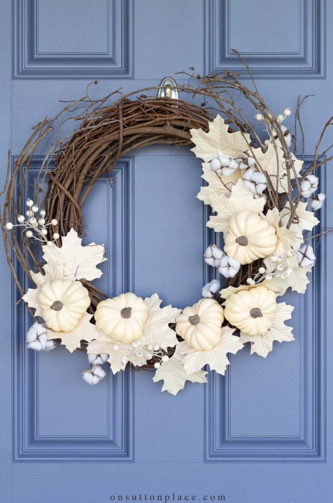 wreath making white pumpkins on grapevine