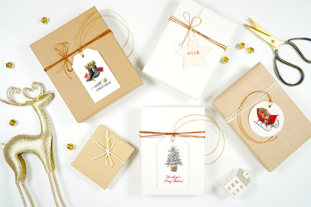 3 printable gift tags on wrapped presents 2