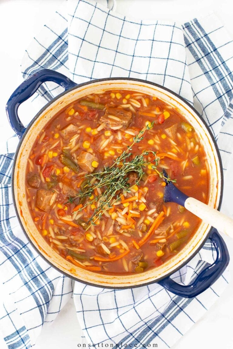 vegetable beef soup in cast iron pot
