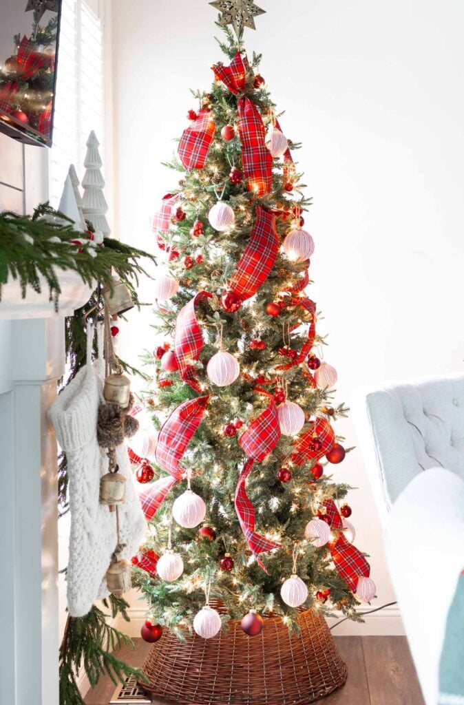 slim christmas tree with plaid ribbon 2022