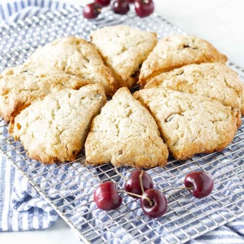 easy scones recipe with cherries almonds on cooking rack