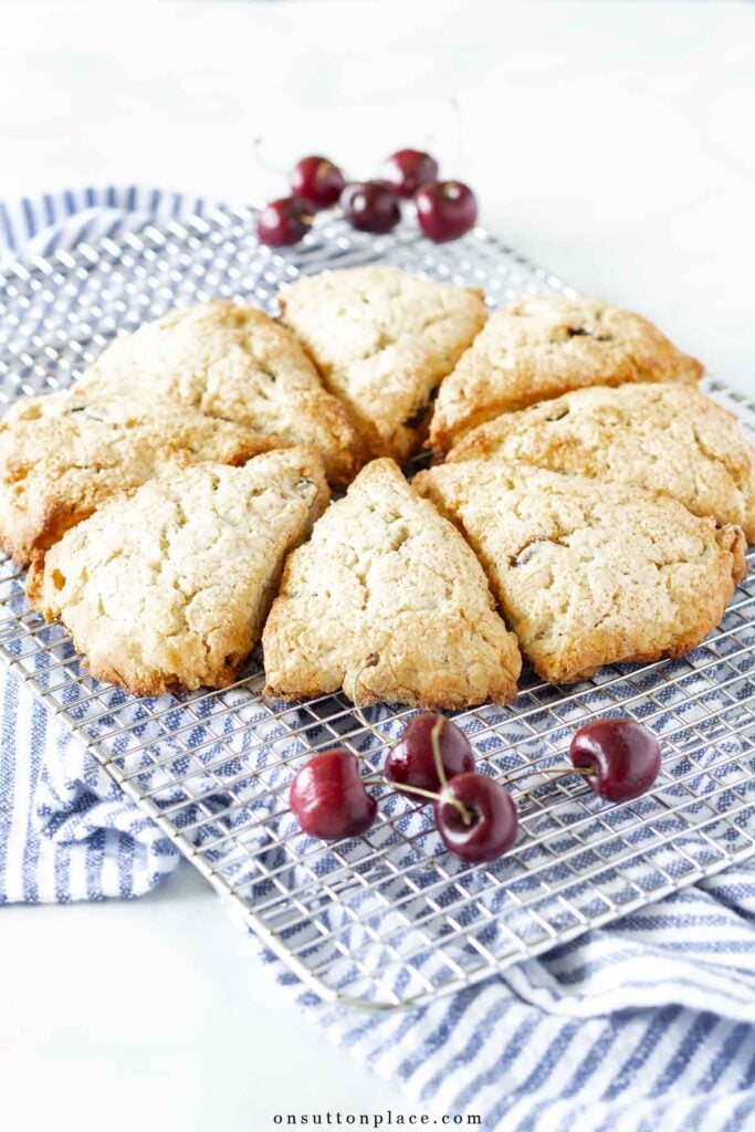 easy scones recipe with cherries almonds on cooking rack