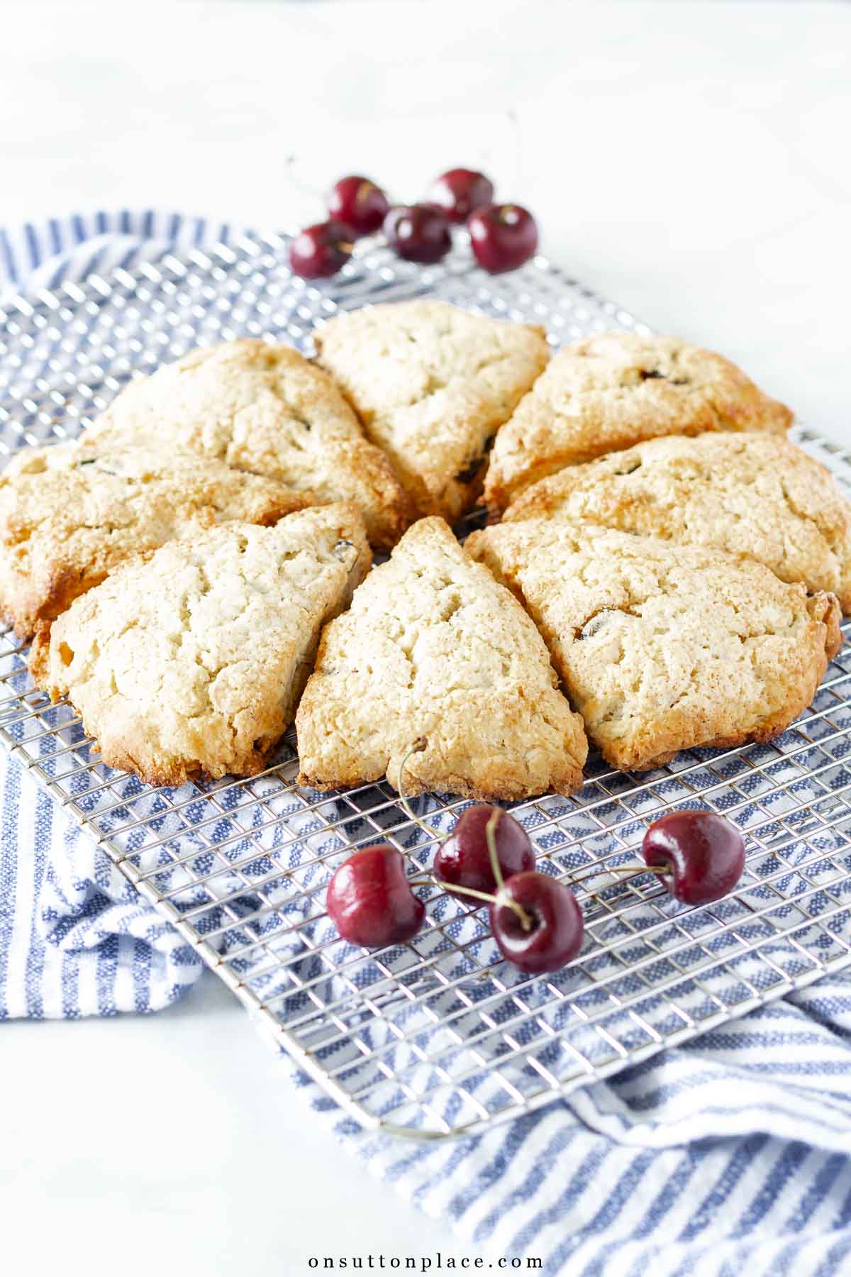 easy scones recipe with cherries almonds on cooking rack