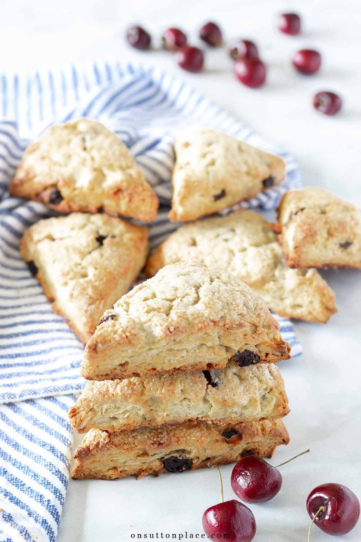 easy scones recipe with cherries and almonds baked and stacked