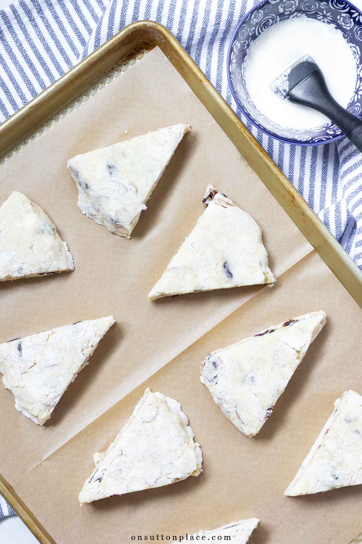 easy scones recipe with cherries and almonds cut on baking sheet