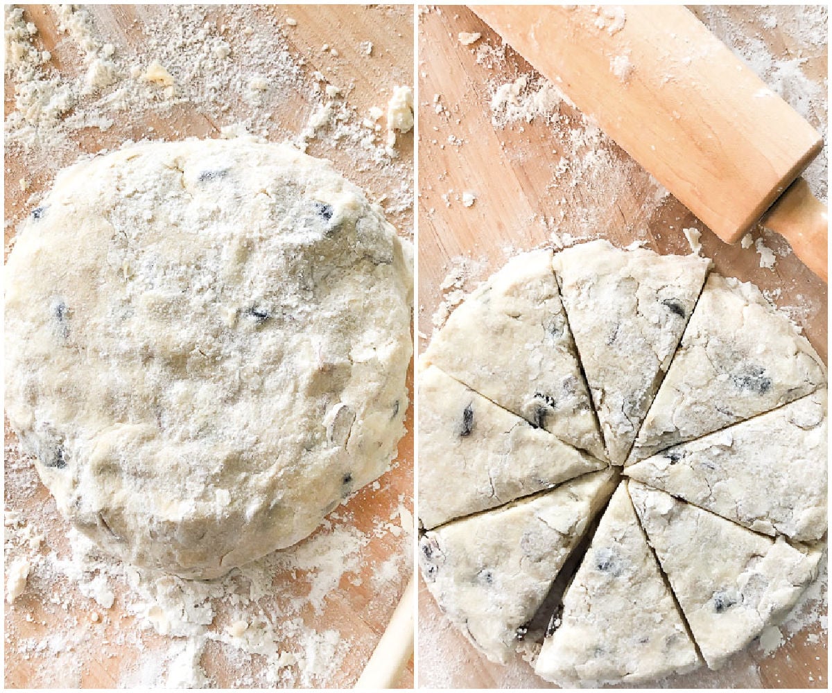 easy scones recipe with cherry almonds rolling out and cutting