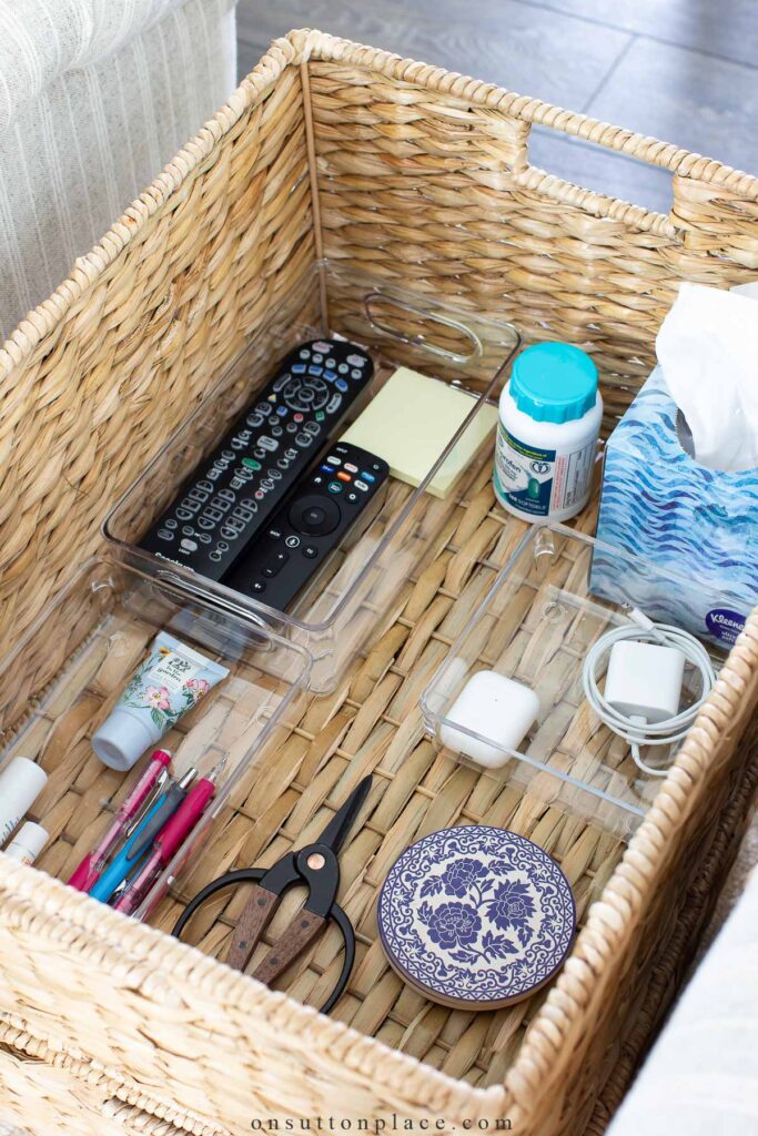items orgainzed in bins inside basket