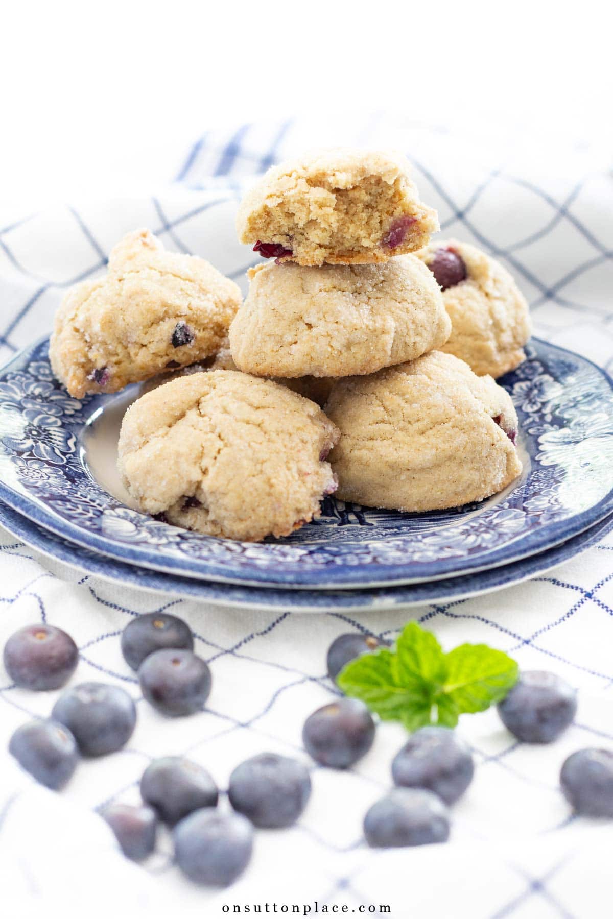 blueberry cookies recipe on blue plates with berry and mint garnish