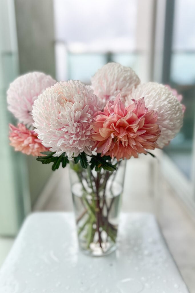 dahlias and pompom flowers in crystal vase designthusiasm