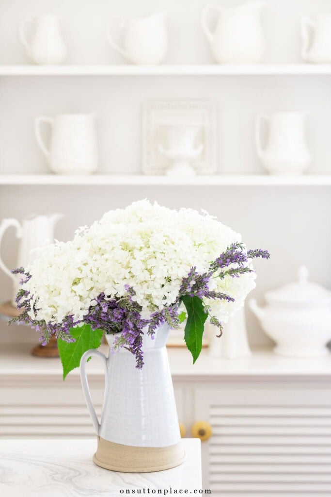 arranging garden flowers and herbs hydrangeas lavender in pitcher 2025