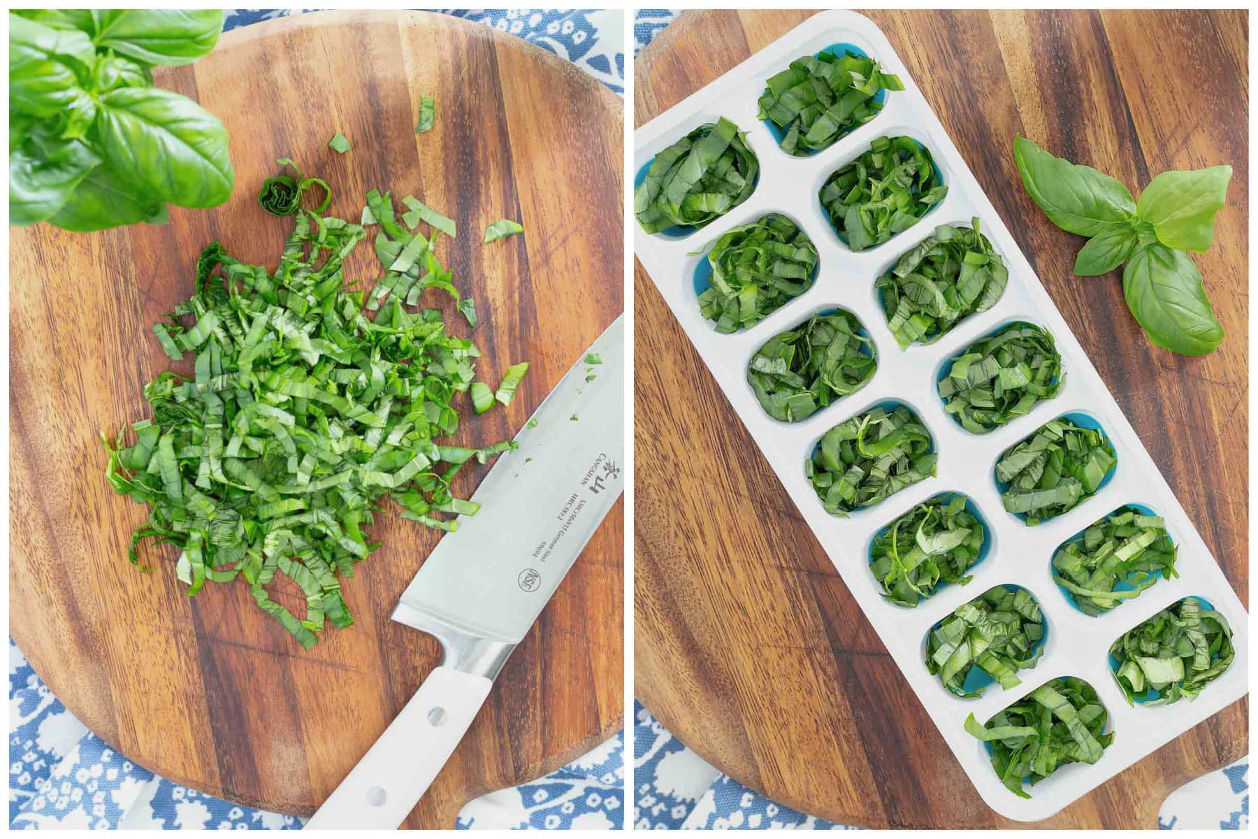 basil chiffonade and basil in ice cube tray for freezing