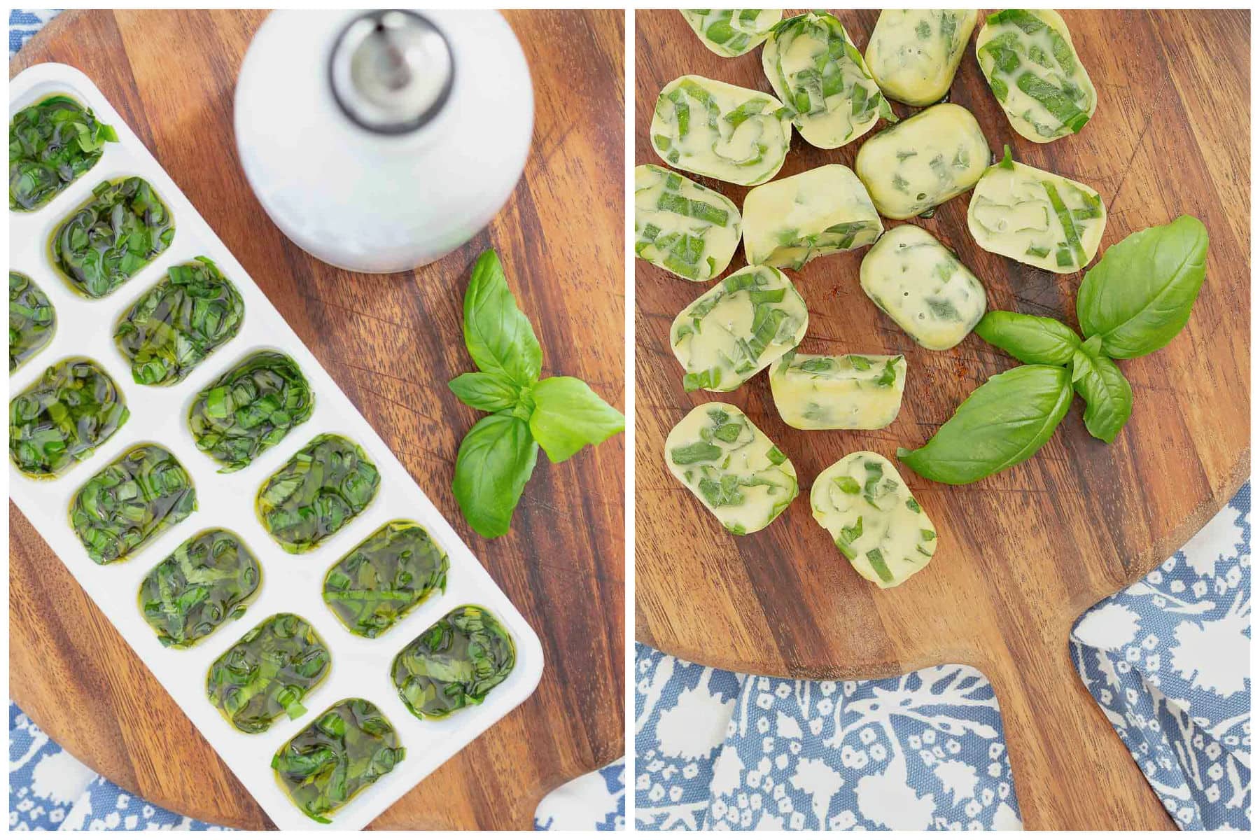 basil in ice cube tray with olive oil how to freeze basil collage