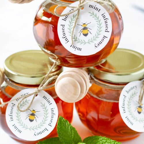 jars of mint infused honey with printable gift tags