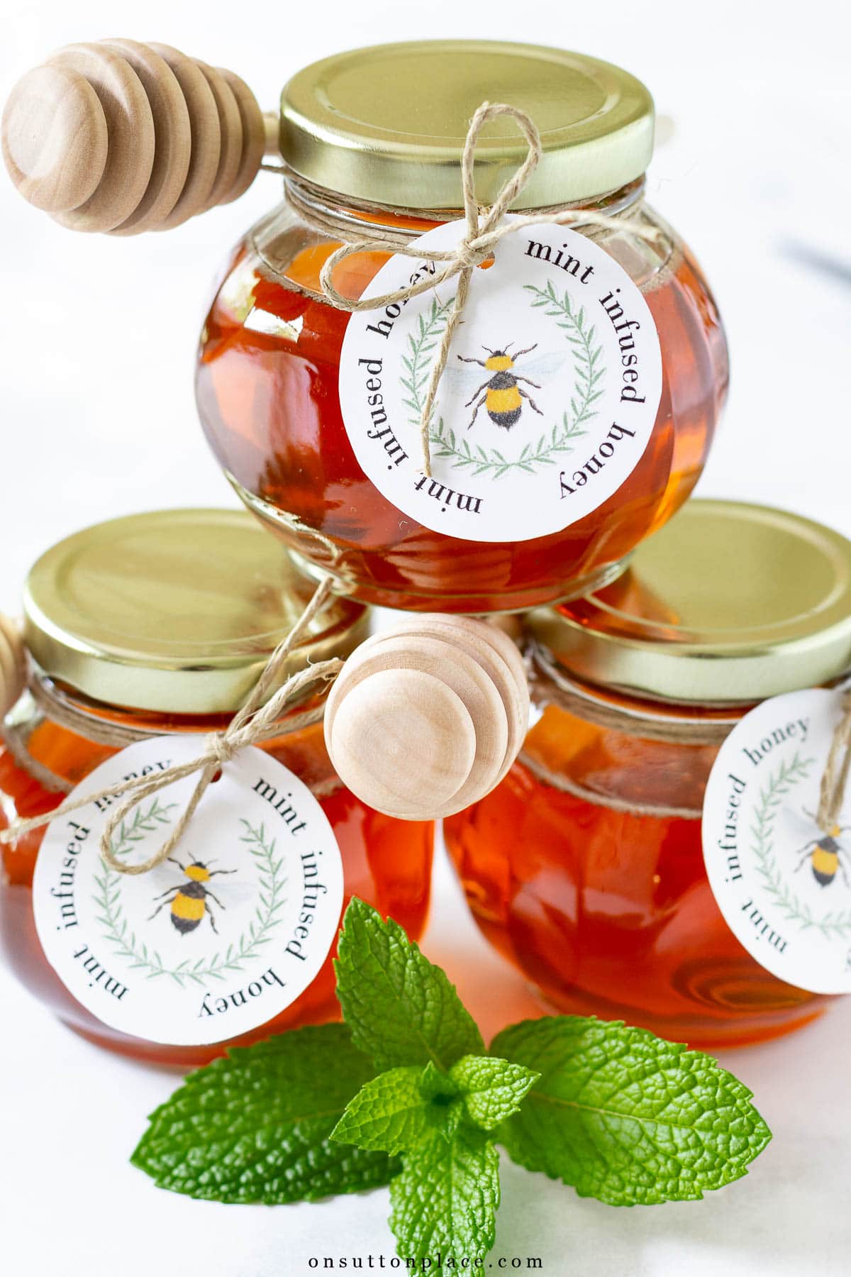 jars of mint infused honey with printable gift tags