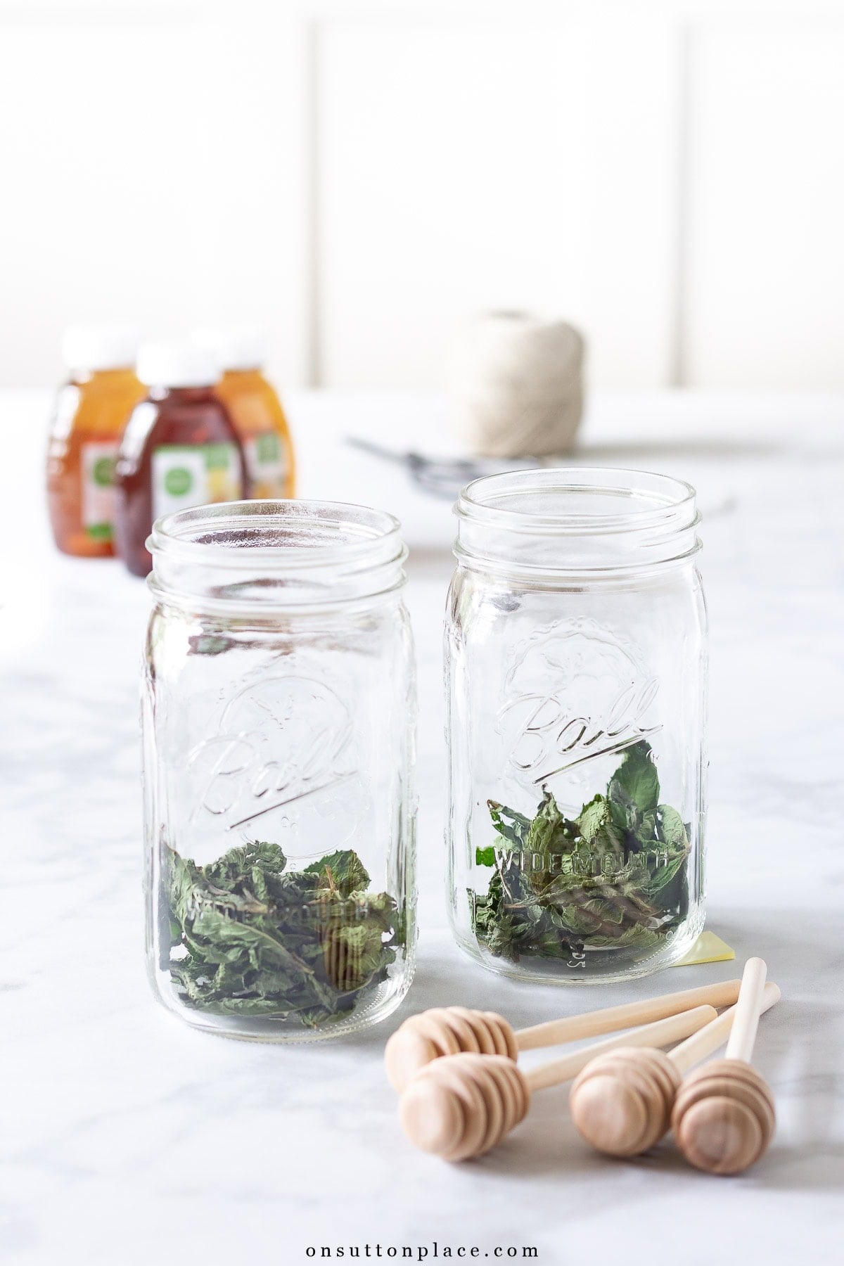 mint in jars ready to make infused honey