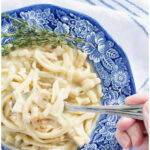 semi homemade chicken and noodles recipe pin with text