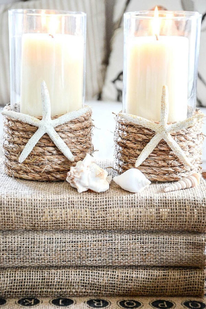 candle holders with rope and shells 