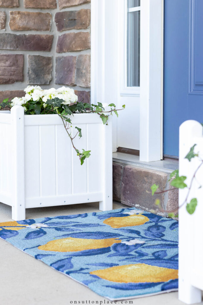blue doormat with lemons in front of door
