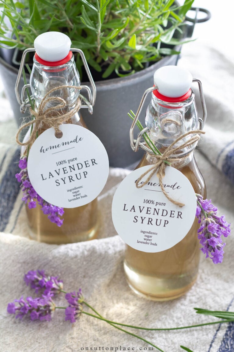 bottles of lavender syrup with free printable tags
