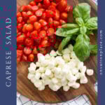 caprese salad recipe with cherry tomatoes pin with side text