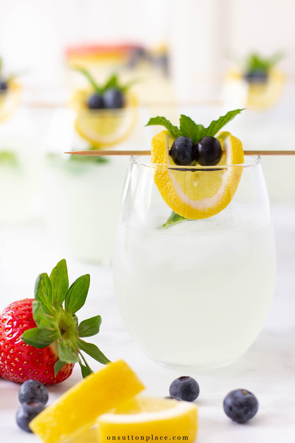 This mint lemonade spritzer recipe is a refreshing summer drink that mixes up in minutes and tastes amazing. Less than 5 calories per serving! lemonade recipe with fresh mint and fruit garnish