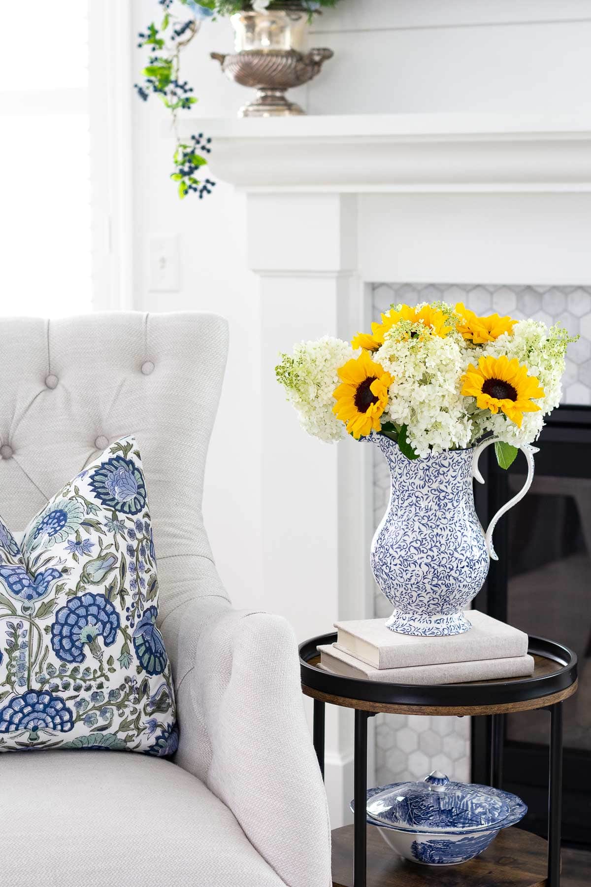 sunflower and hydrangea arrangement in living room