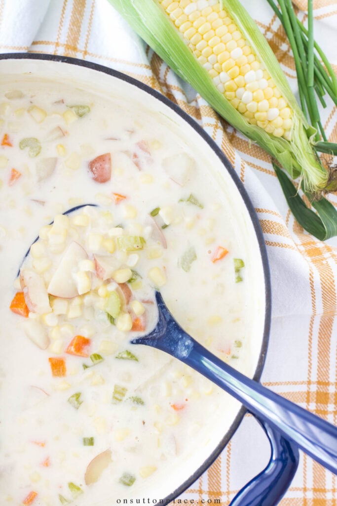 corn chowder in blue dutch oven