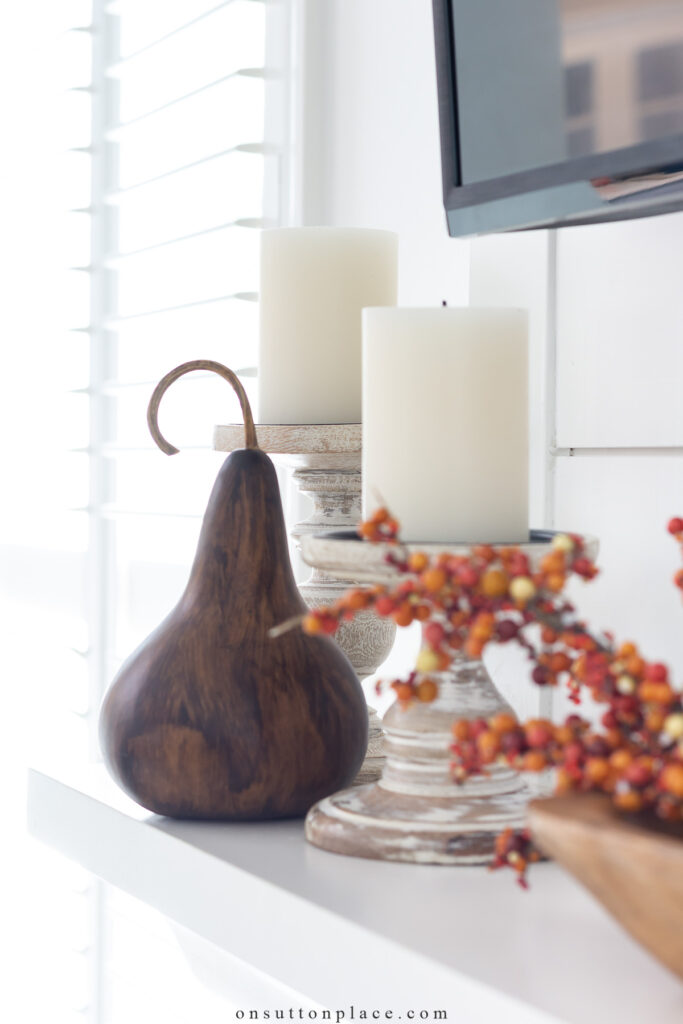 stained dried gourd on fall mantel