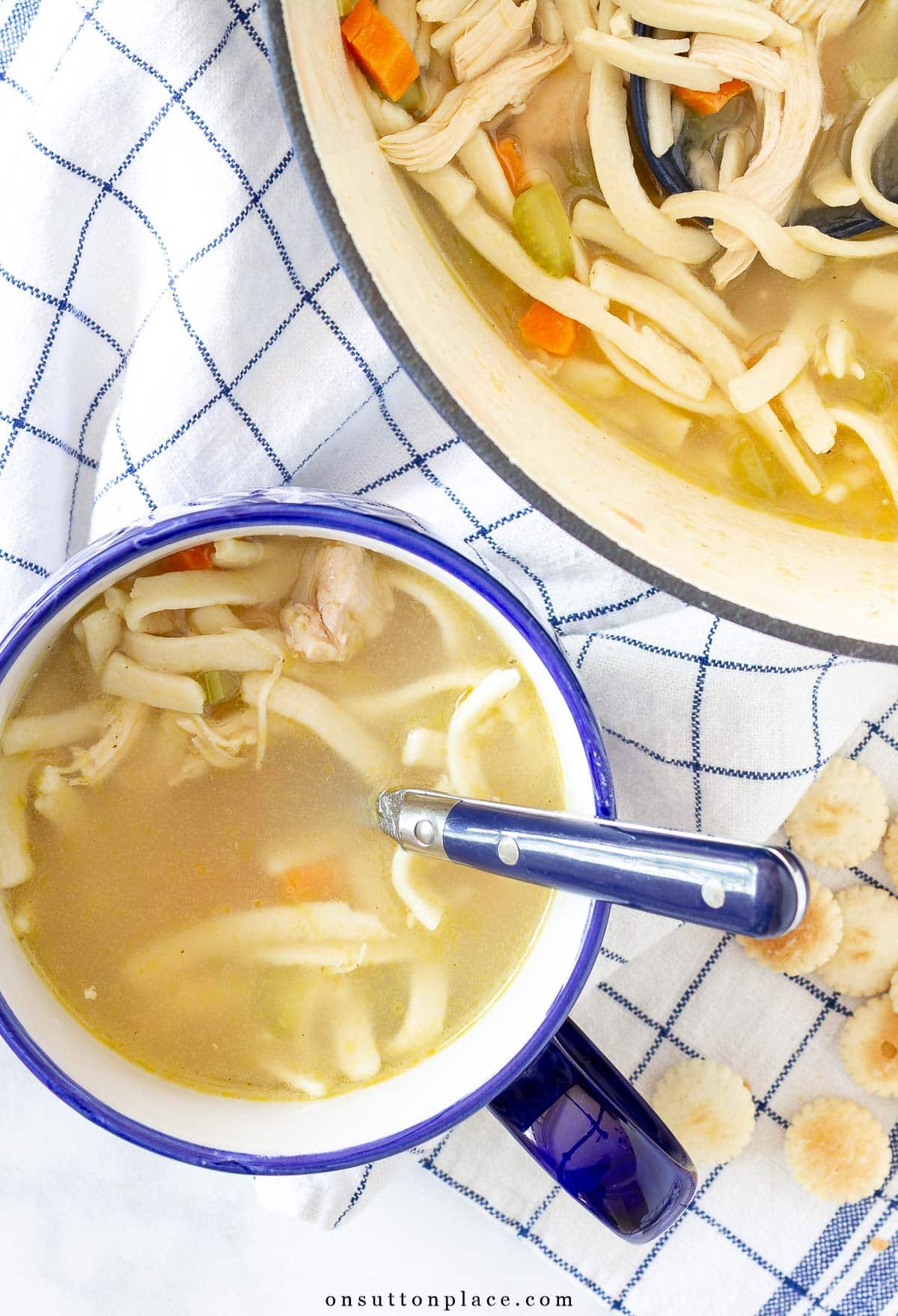 bowl of chicken noodle soup with oyster crackers and pot of soup
