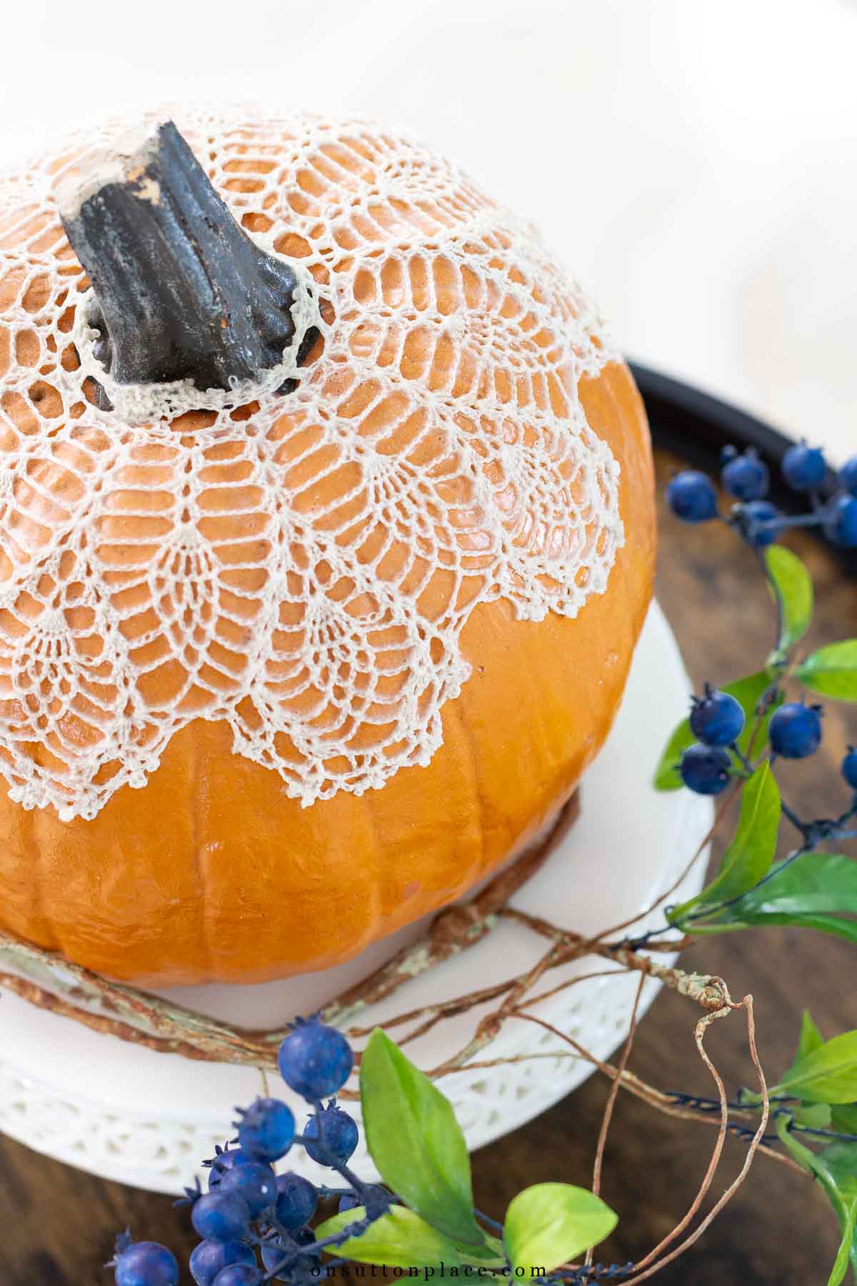 pumpkin decor fall craft idea lace applied with mod podge