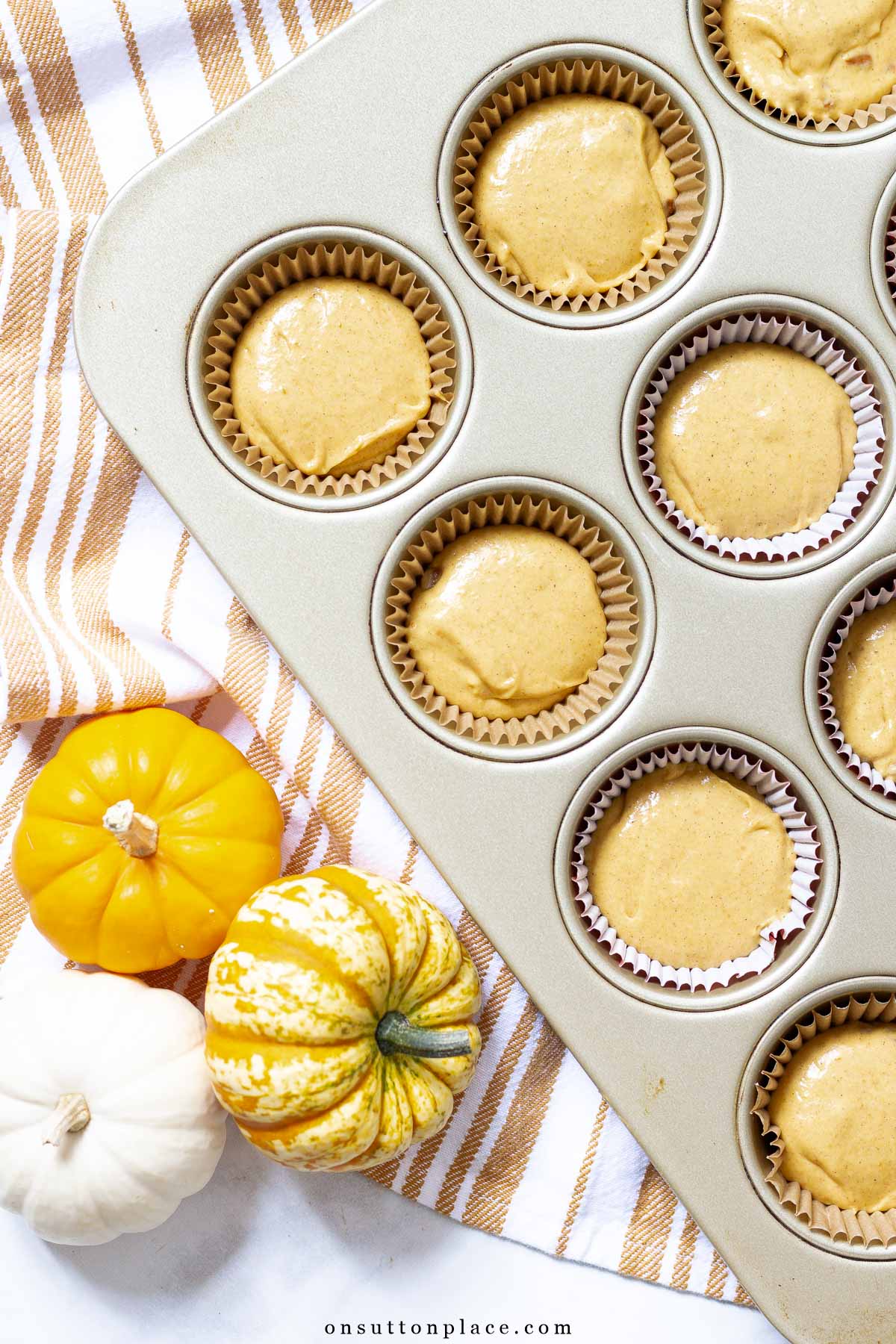 pumpkin snickerdoodle cupcakes batter in muffin pan 2024