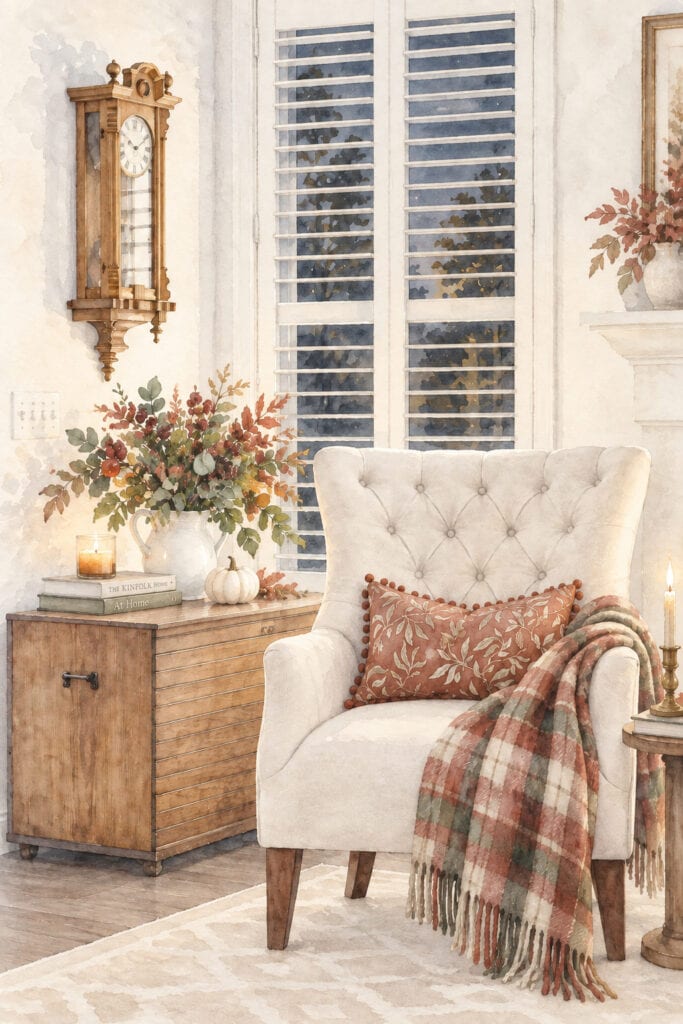 corner of living room with chair and blanket watercolor