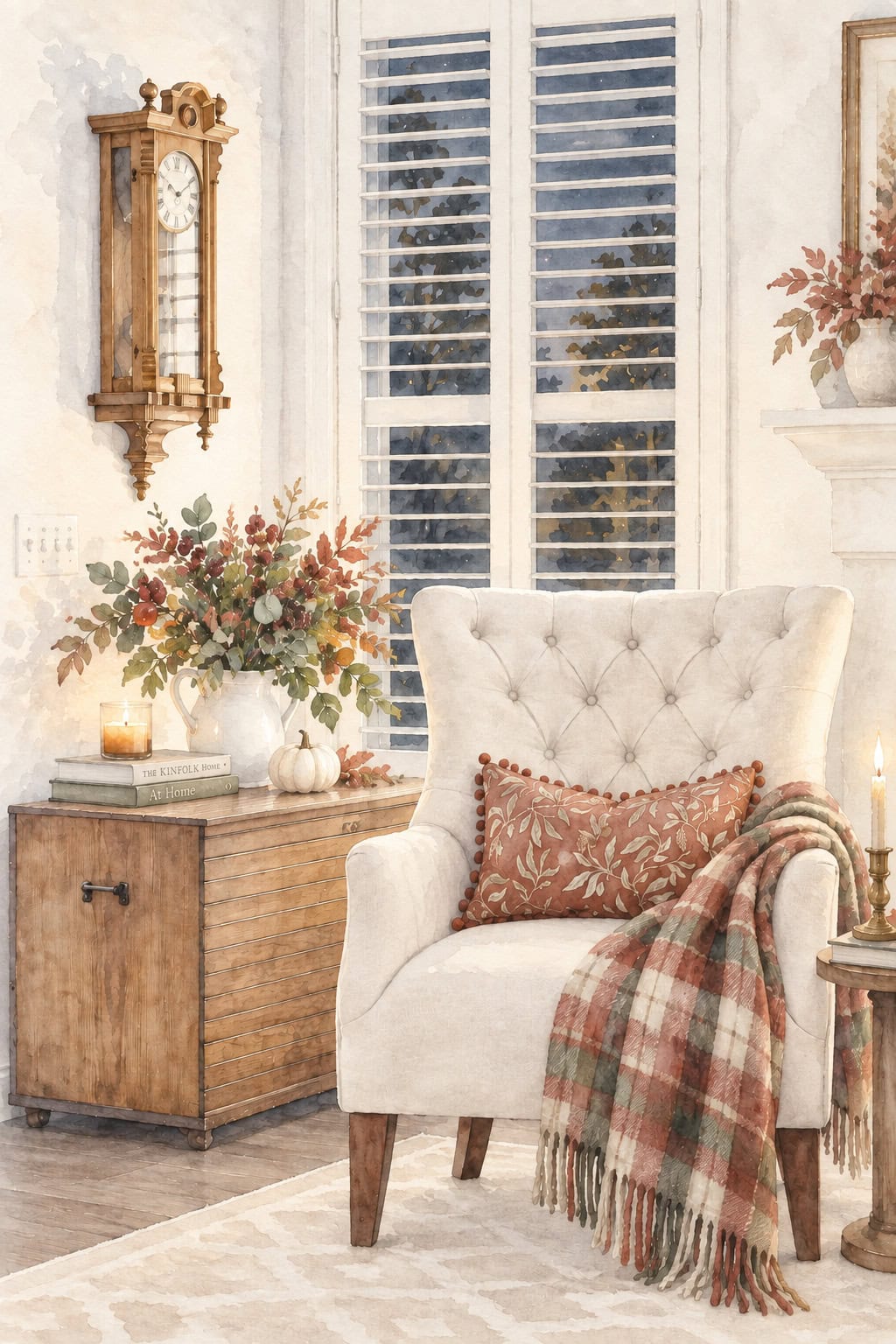 corner of living room with chair and blanket watercolor