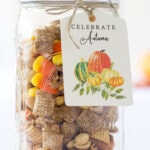 sweet chex mix recipe in mason jar with gift tag tall pin