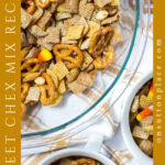 sweet chex mix recipe pumpkin pie spice candy corn tall pin side text