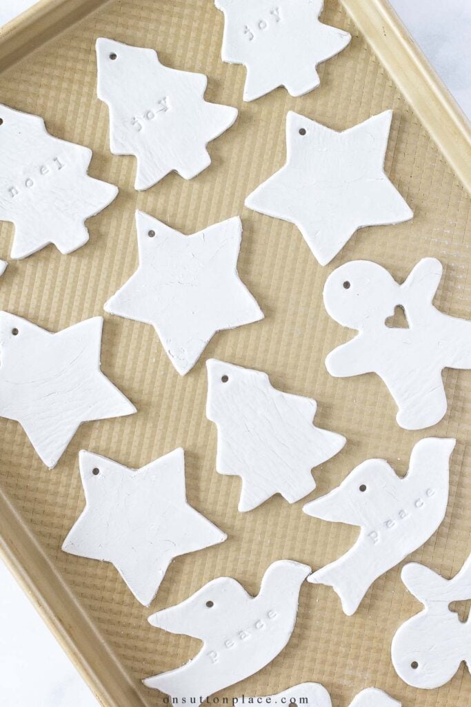diy air dry clay christmas tree ornaments on baking sheet 2023