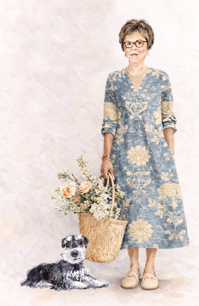 ann in dress with flower basket millie on the side