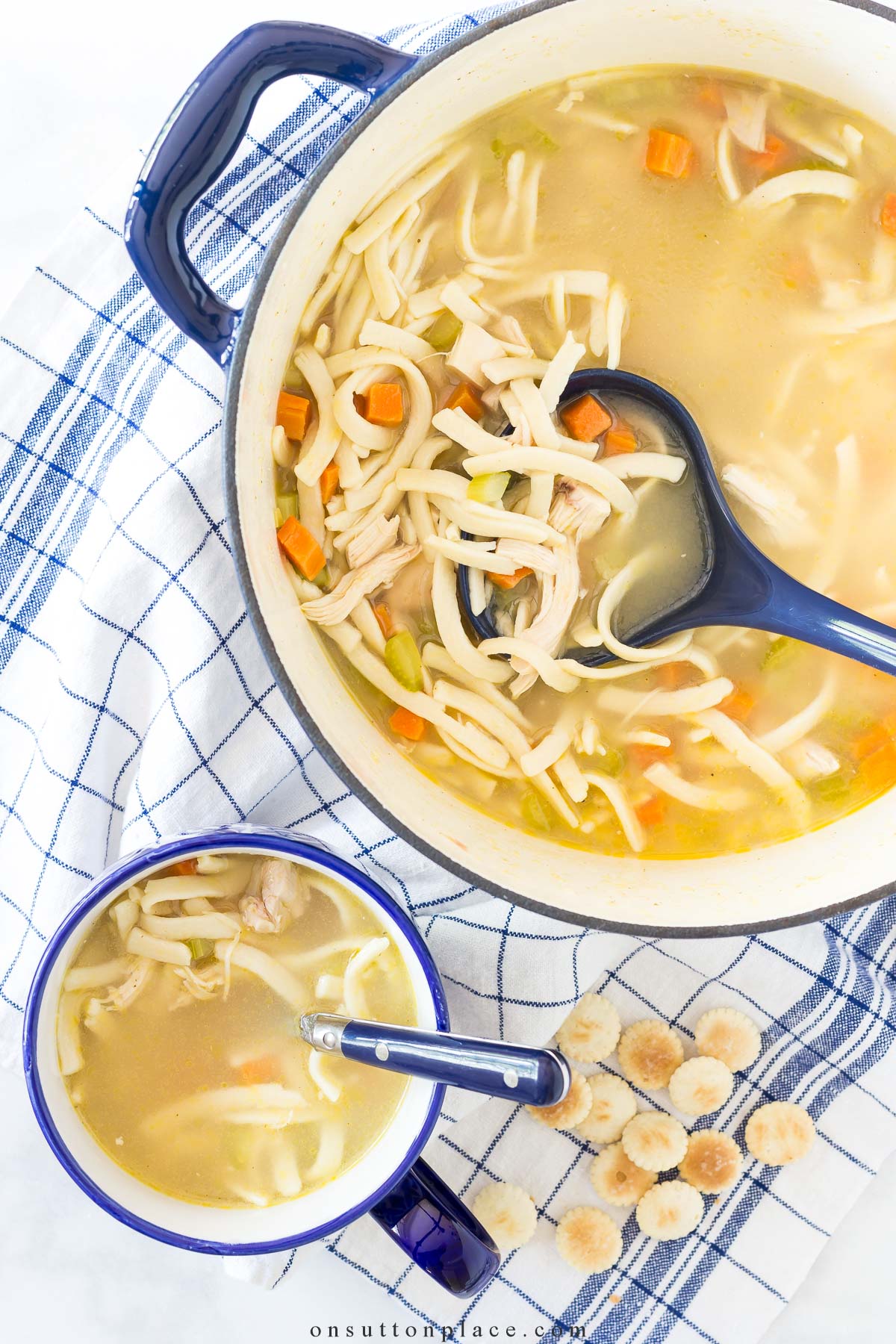 chicken noodle soup recipe in pot with blue ladle 2024