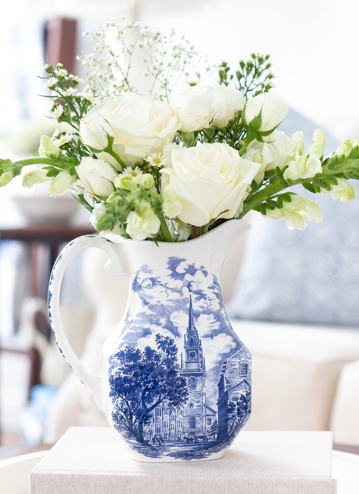 liberty blue pitcher with white flowers tips for a simpler life cropped