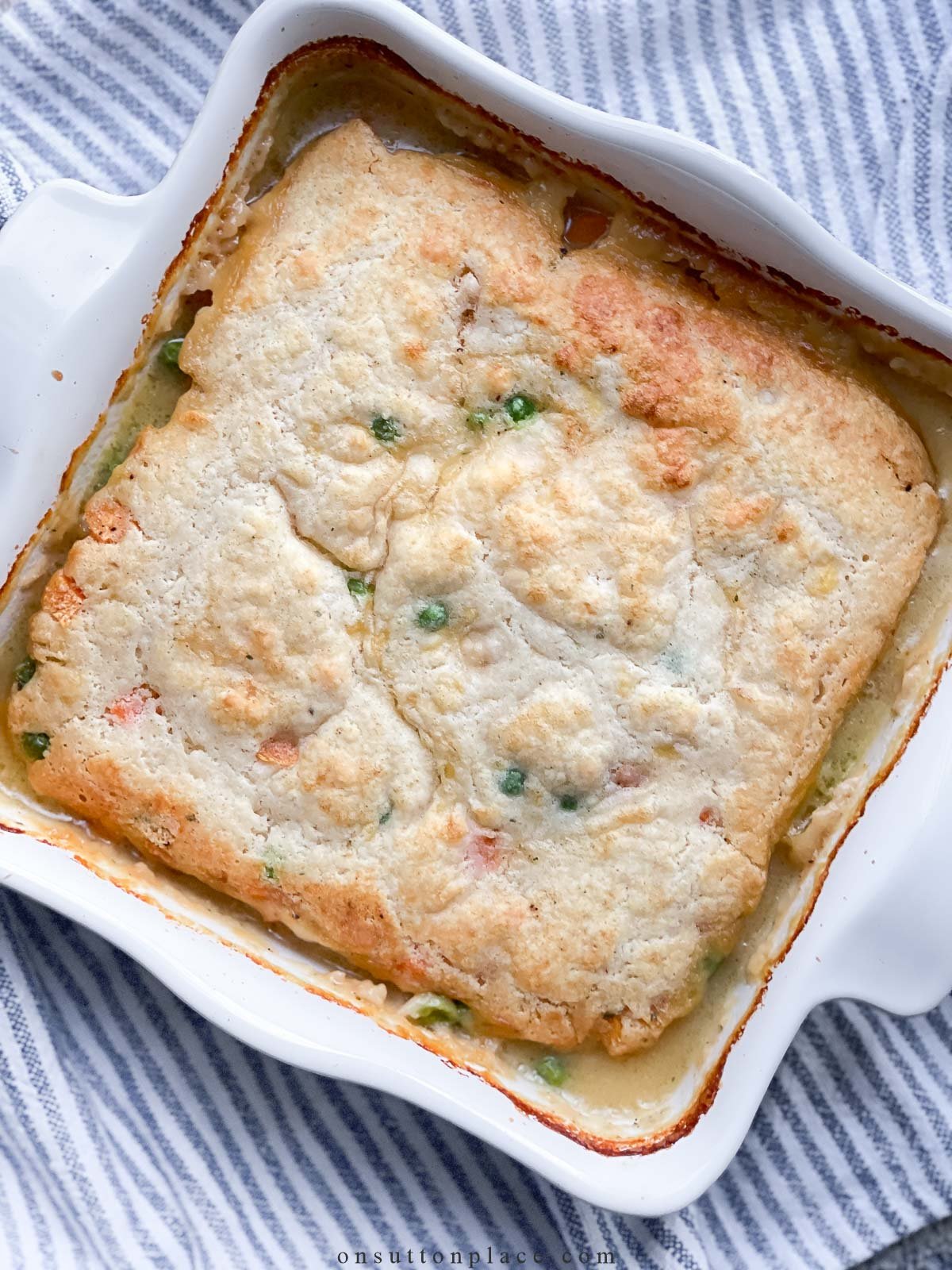 baked small batch chicken cobbler in square baking dish