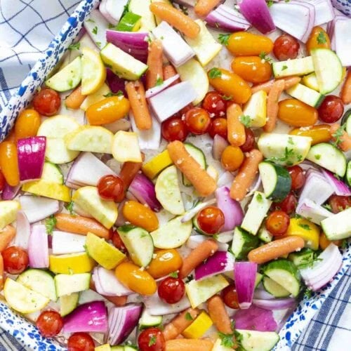 oven roasted vegetables recipe on baking sheet