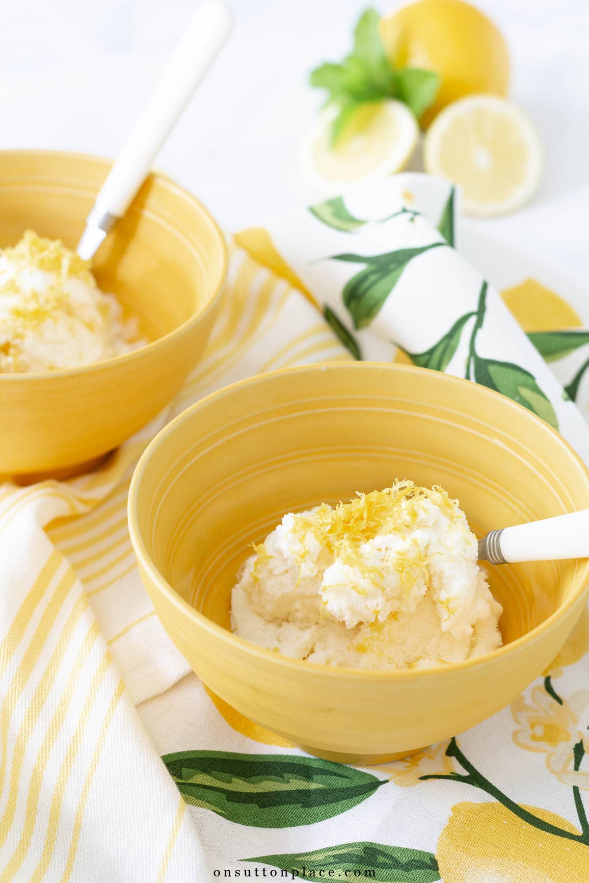 lemon ice cream recipe with lemon peel garnish