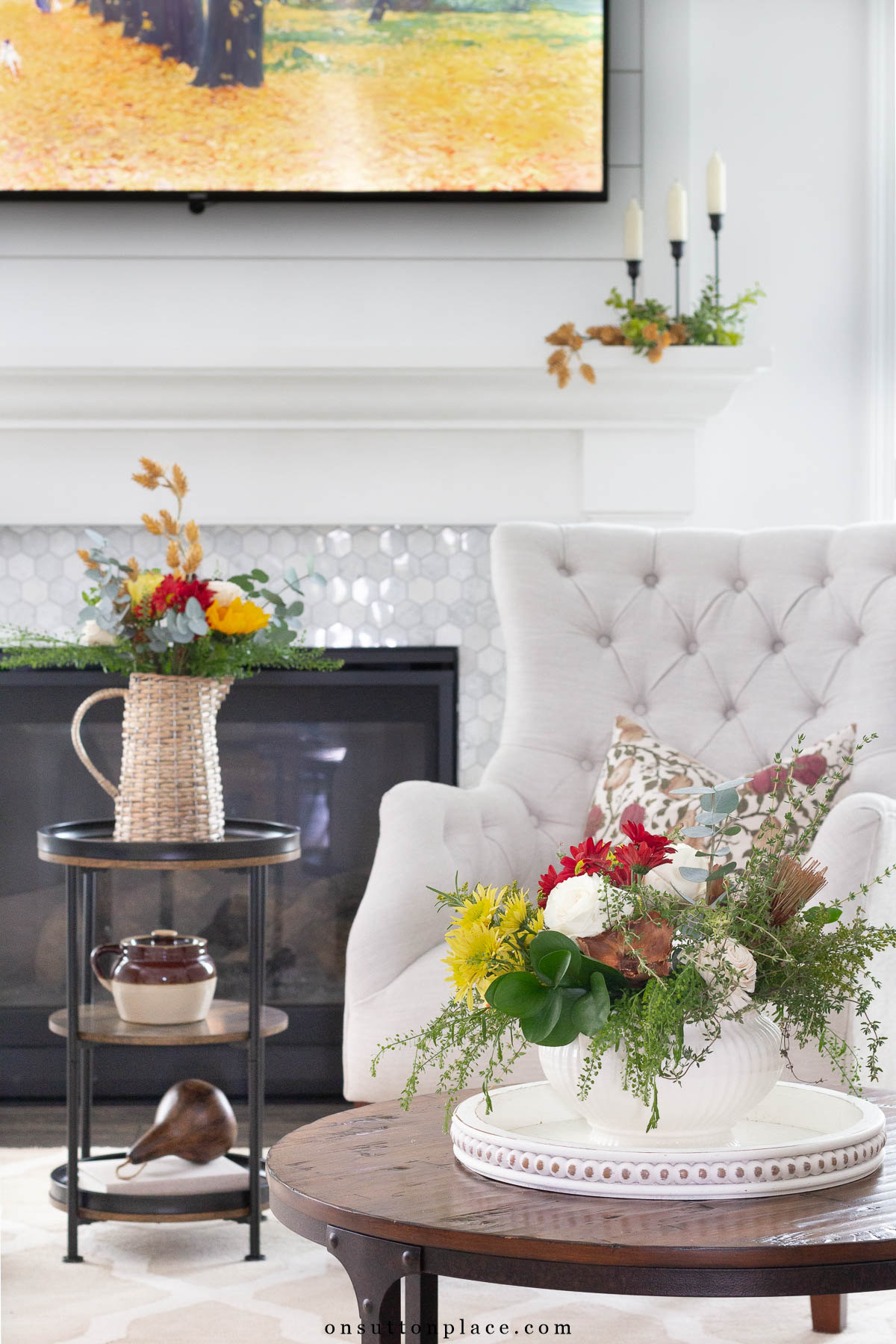 fall decor in neutral living room flowers in vintage tureen on coffee table