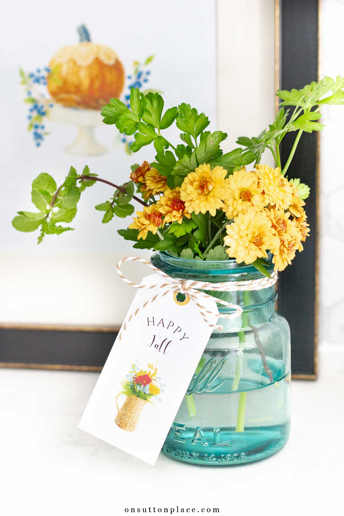 free printable gift tag on mason jar of flowers